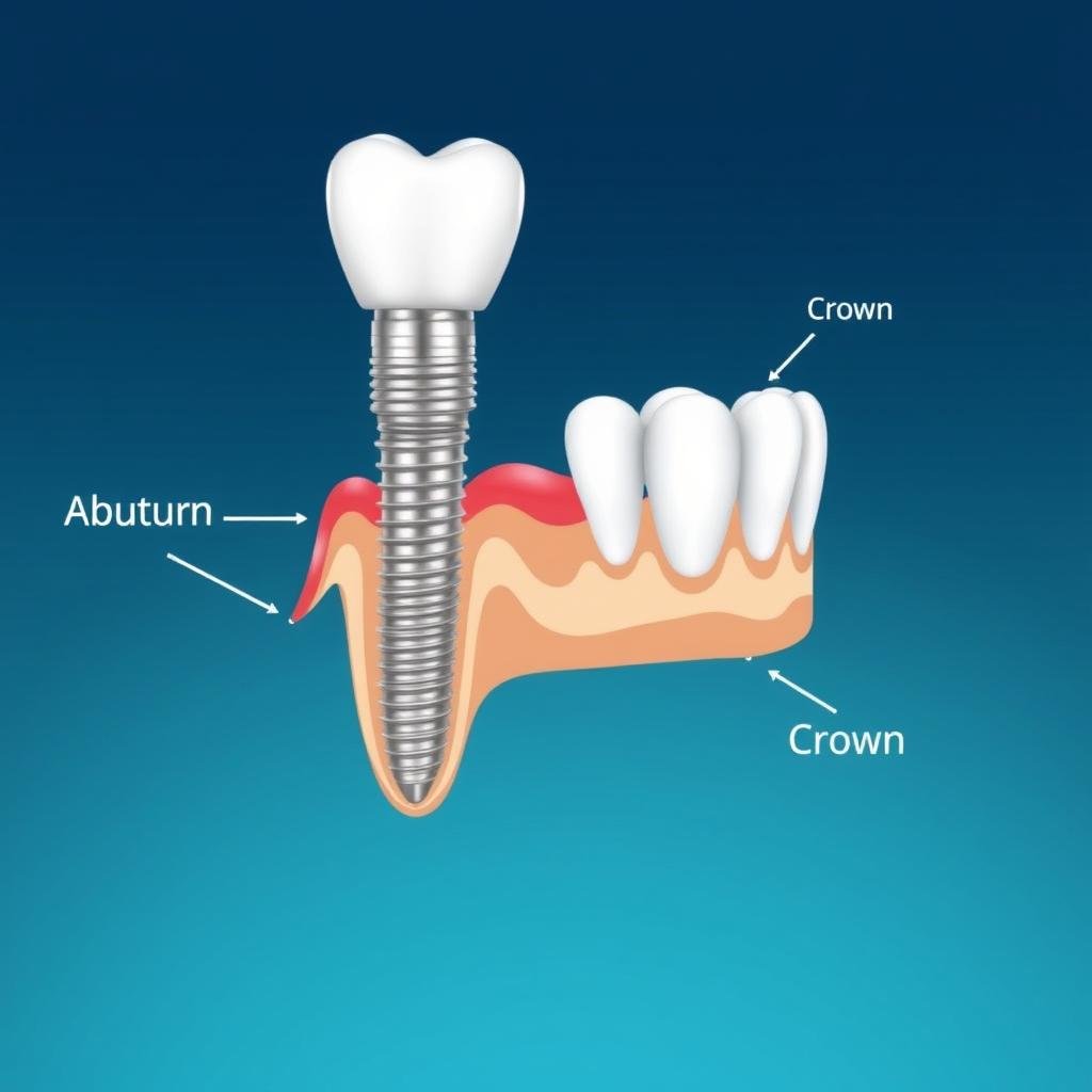 Dental implant procedure showing implant abutment and crown