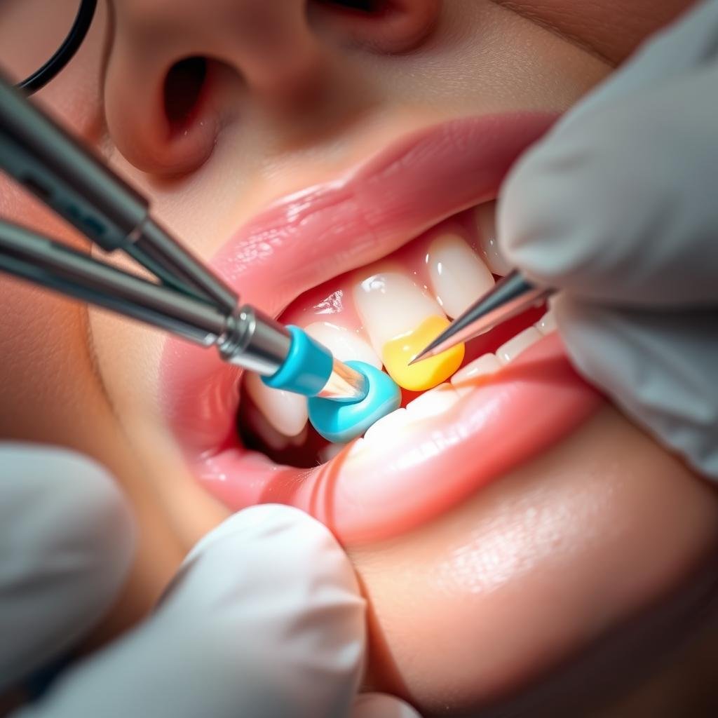 Dentist placing a tooth filling in a patients molar