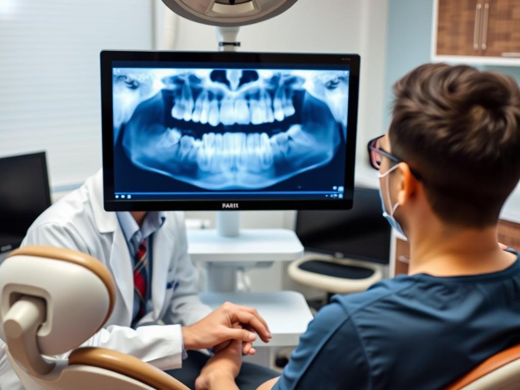 Dentist showing dental x ray to patient explaining early cavity detection