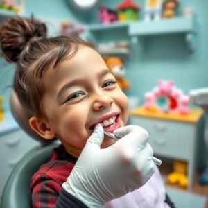 Pediatric dentist examining childs teeth