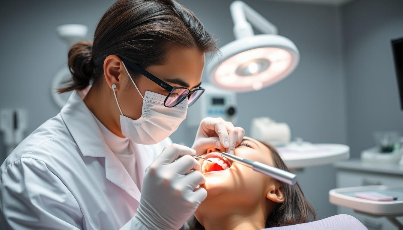 Professional dentist examining patient's teeth during regular check-up