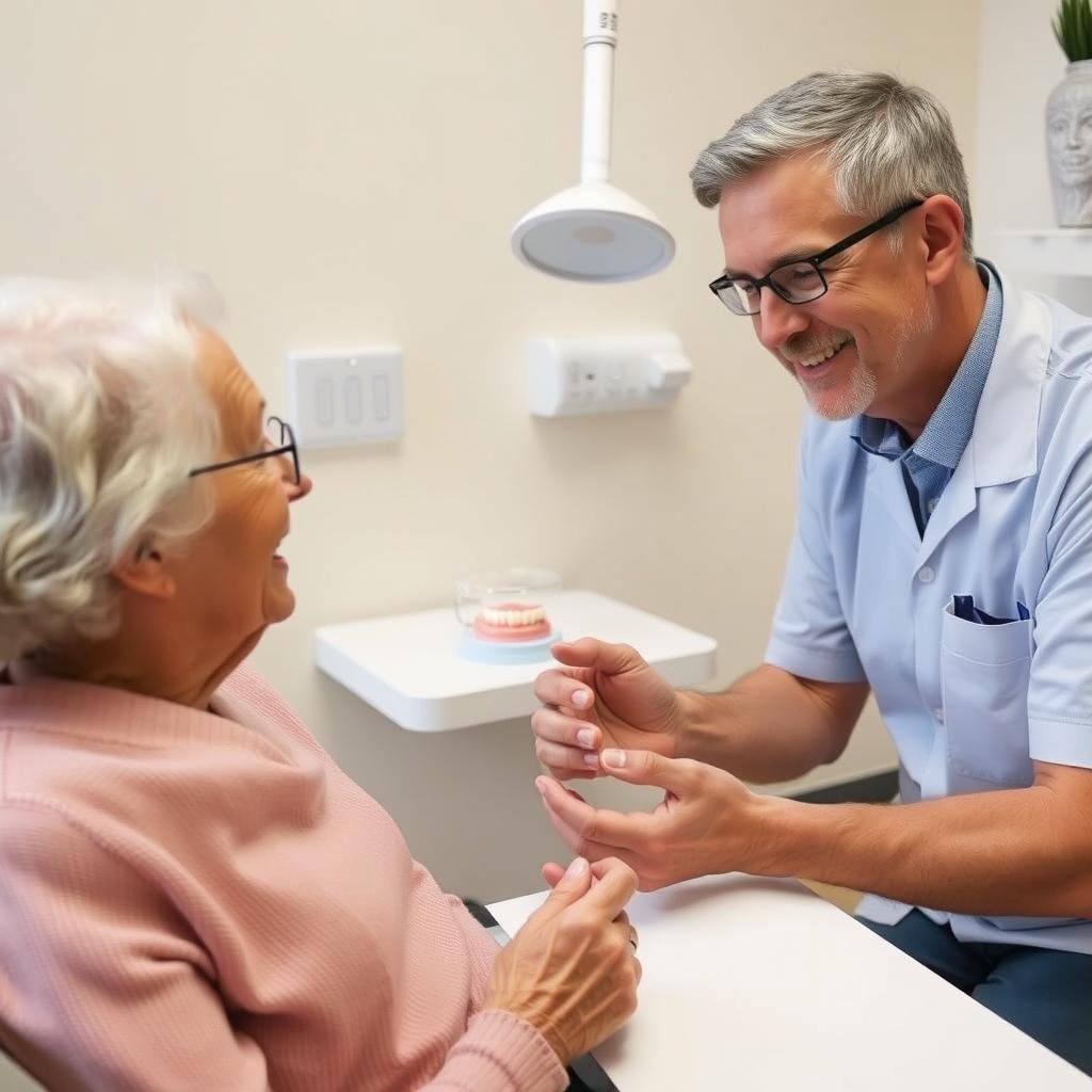 Senior patient discussing denture options with dentist