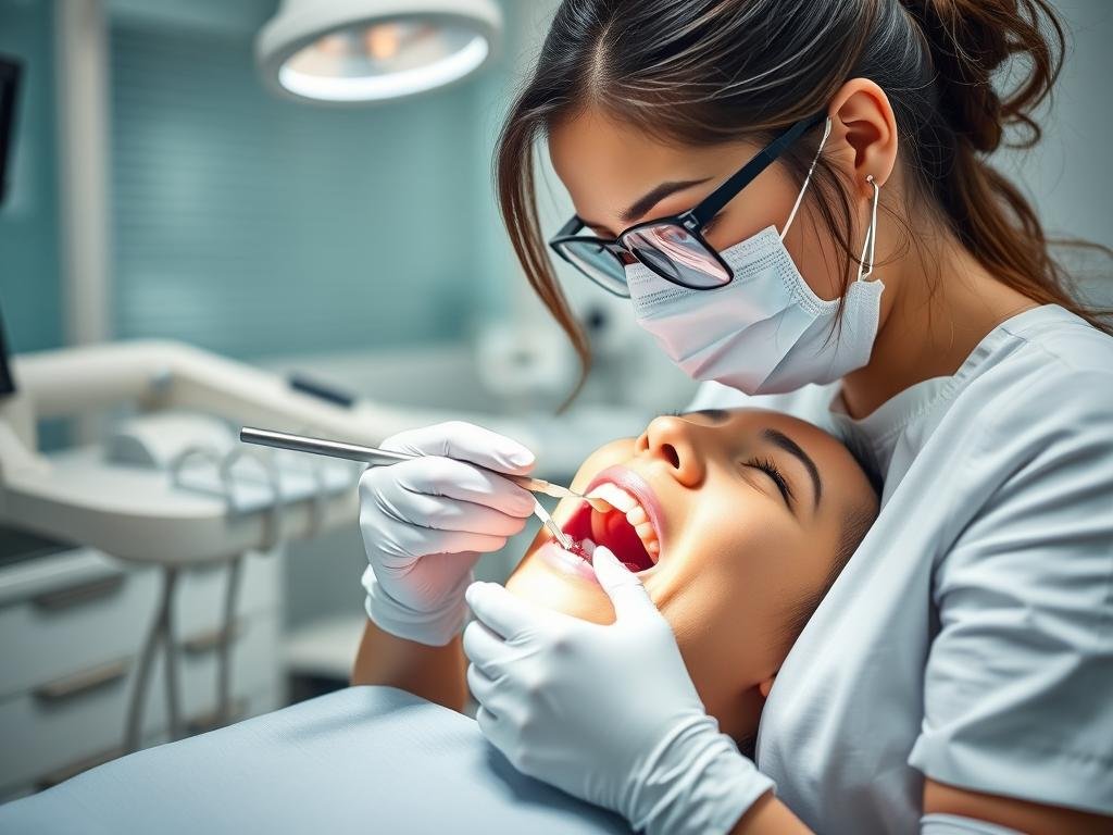 Dental professional performing teeth cleaning during a dental clinic patient inquiry appointment