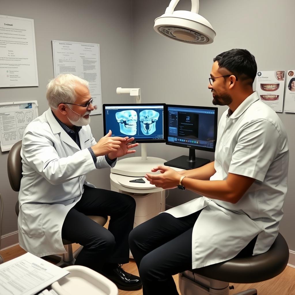 Dentist discussing treatment options after dental clinic patient inquiry