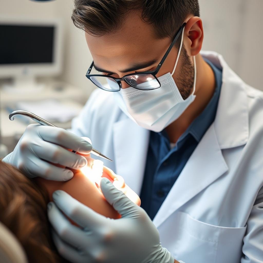 Experienced dental professional examining a patients teeth during dental clinic patient inquiry