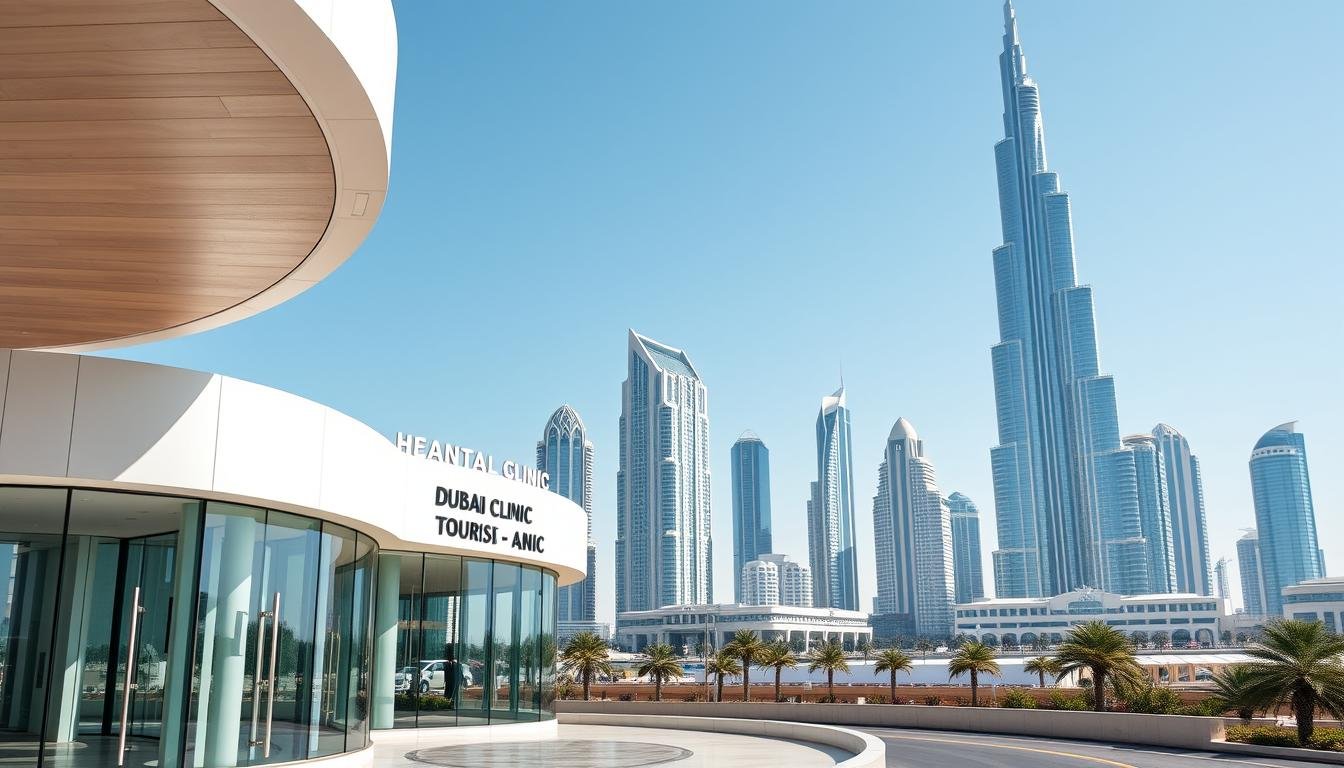 Dubai skyline featuring Burj Khalifa with modern dental clinic in foreground