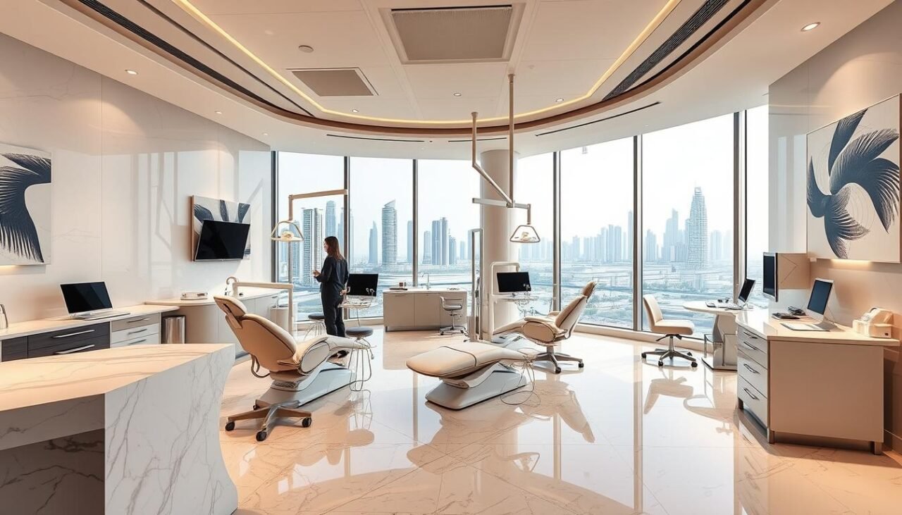 Interior of a luxury dental clinic in Dubai with modern equipment