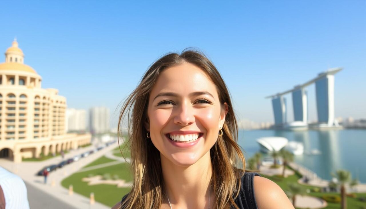 Satisfied dental tourist enjoying Dubai attractions after treatment