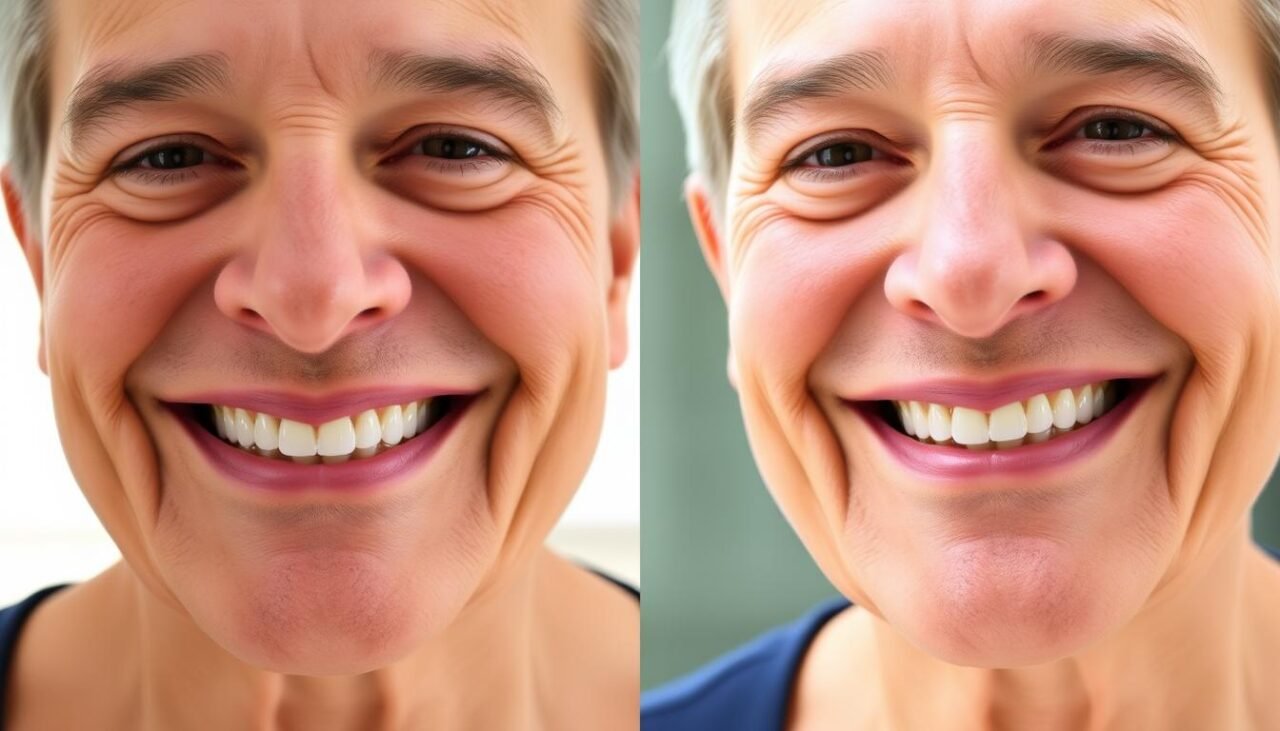 Before and after transformation with All on 6 dental implants showing improved smile and confidence