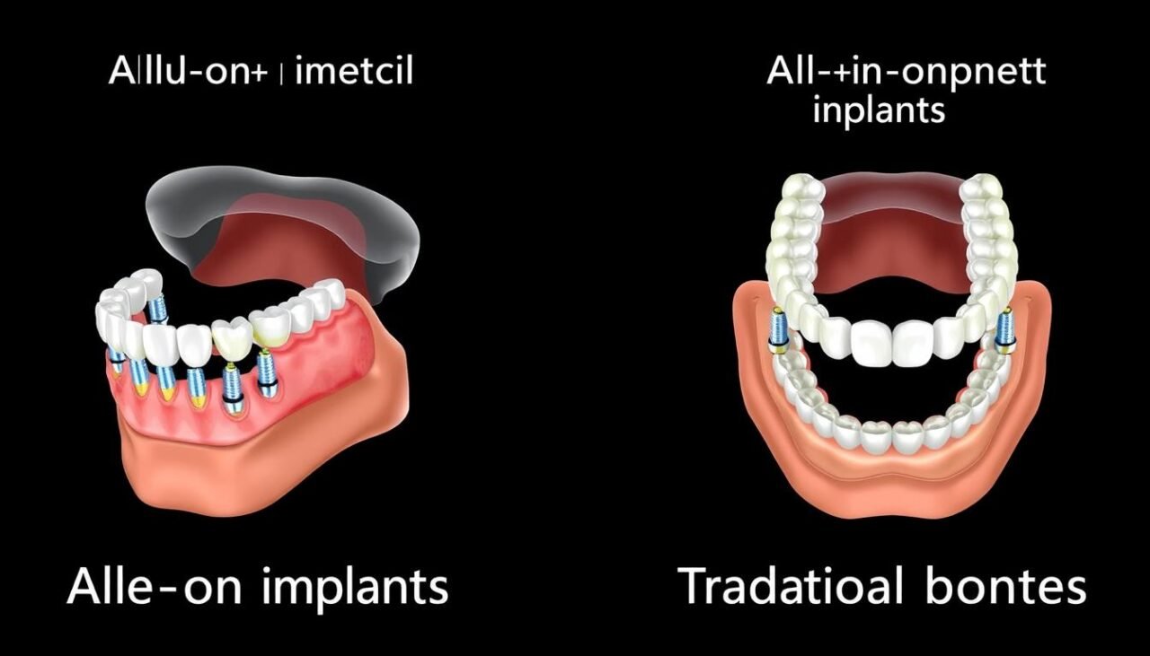 Comparison of All on 6 All on 4 and traditional dentures showing structural differences
