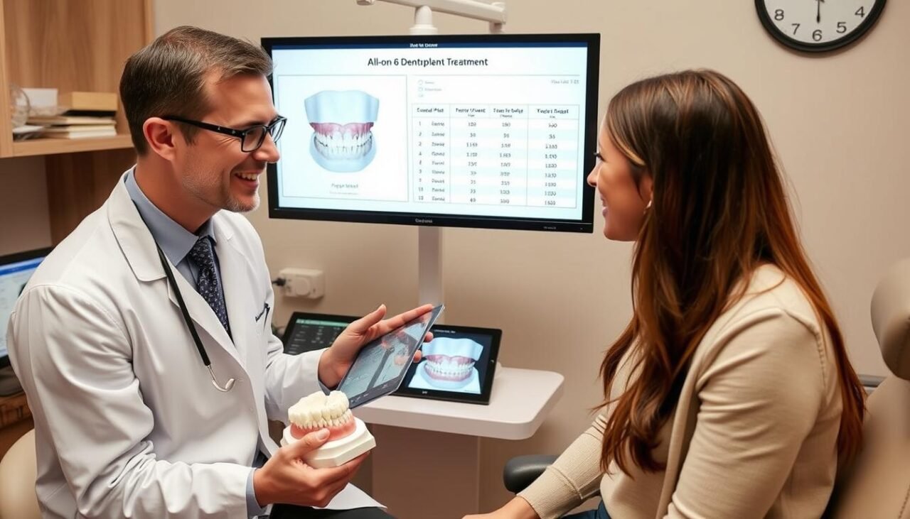 Dental professional discussing All on 6 treatment plan and costs with patient