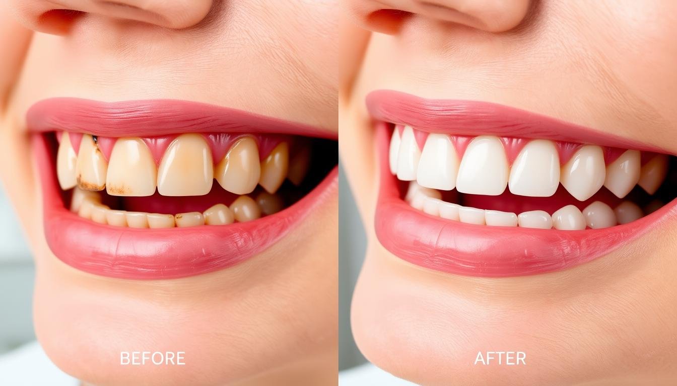 Dental veneers before and after comparison showing smile transformation